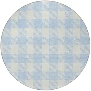 Photo of 8' Sky Blue And Gray Round Plaid Washable Indoor Outdoor Area Rug