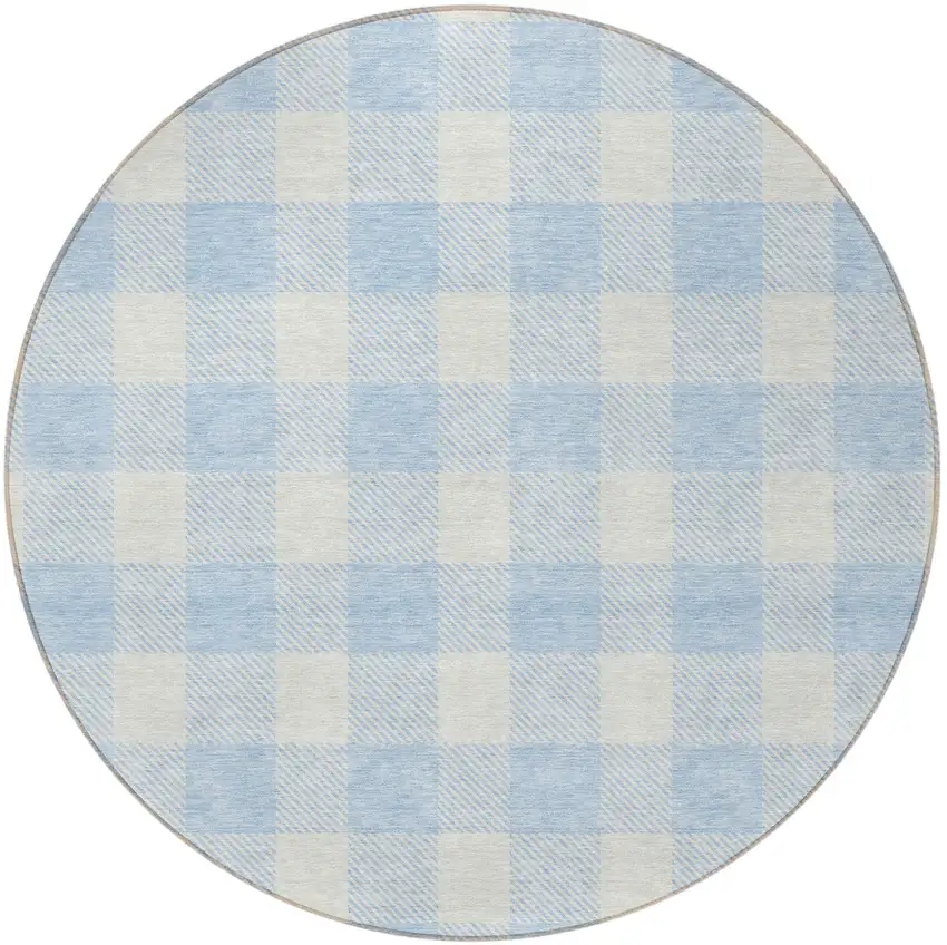 8' Sky Blue And Gray Round Plaid Washable Indoor Outdoor Area Rug Photo 5