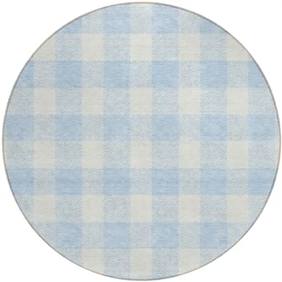 8' Sky Blue And Gray Round Plaid Washable Indoor Outdoor Area Rug Photo 2