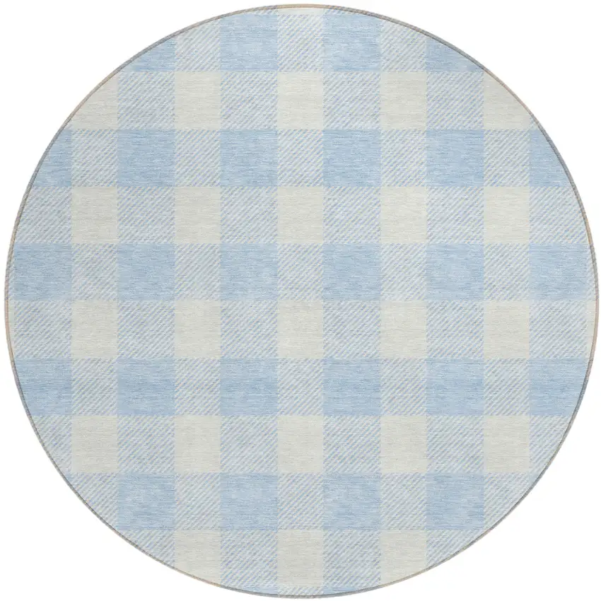 8' Sky Blue And Gray Round Plaid Washable Indoor Outdoor Area Rug Photo 2