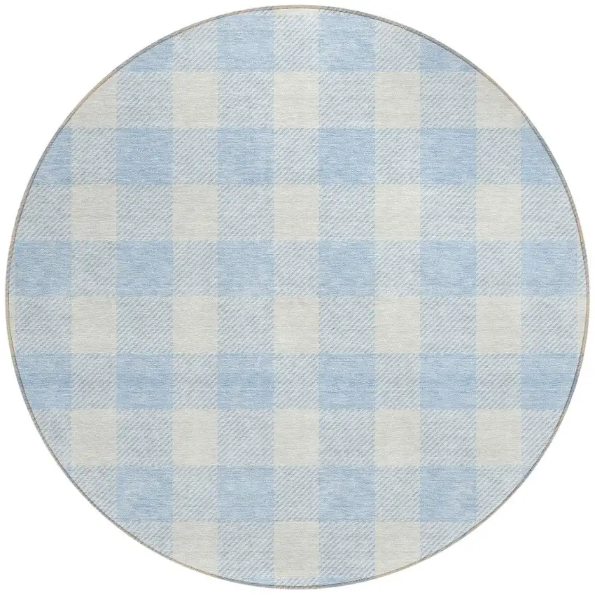 8' Sky Blue And Gray Round Plaid Washable Indoor Outdoor Area Rug Photo 4