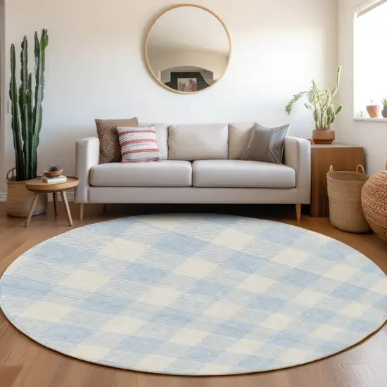 8' Sky Blue And Gray Round Plaid Washable Indoor Outdoor Area Rug Photo 7
