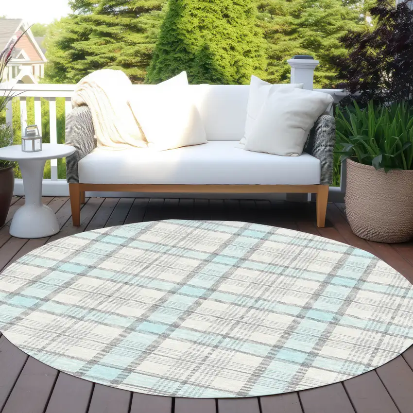 8' Sky Blue And Gray Round Plaid Washable Indoor Outdoor Area Rug Photo 5