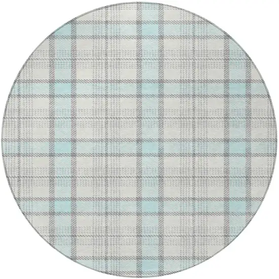 8' Sky Blue And Gray Round Plaid Washable Indoor Outdoor Area Rug Photo 4