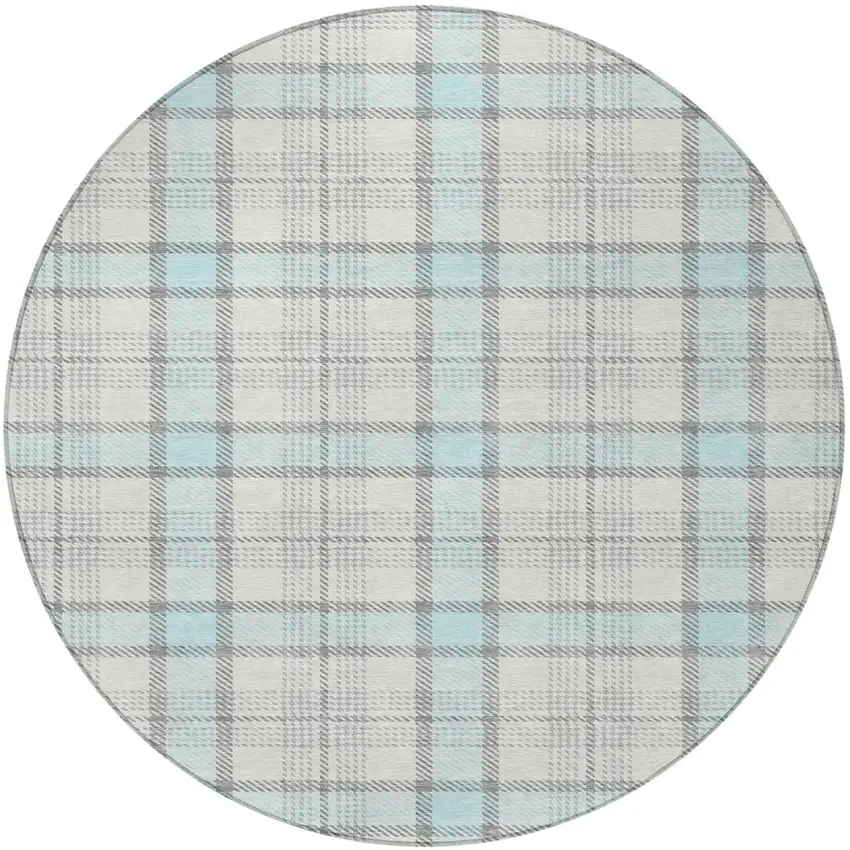 8' Sky Blue And Gray Round Plaid Washable Indoor Outdoor Area Rug Photo 4