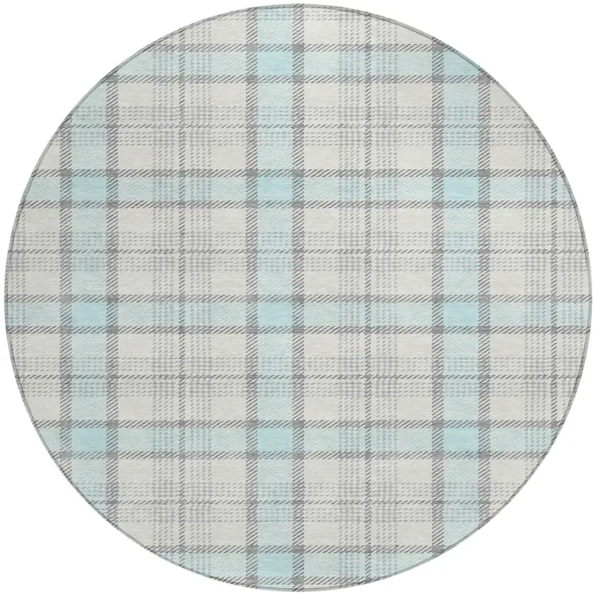 8' Sky Blue And Gray Round Plaid Washable Indoor Outdoor Area Rug Photo 2