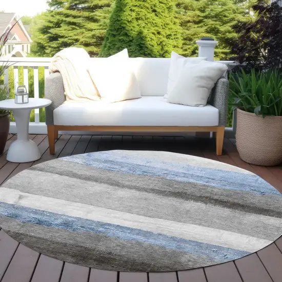 8' Sky Blue And Gray Round Striped Washable Indoor Outdoor Area Rug Photo 5