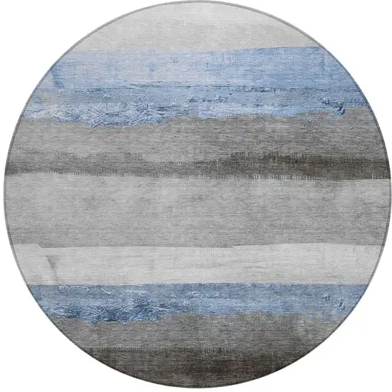 8' Sky Blue And Gray Round Striped Washable Indoor Outdoor Area Rug Photo 4