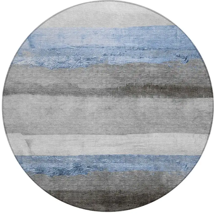 8' Sky Blue And Gray Round Striped Washable Indoor Outdoor Area Rug Photo 4