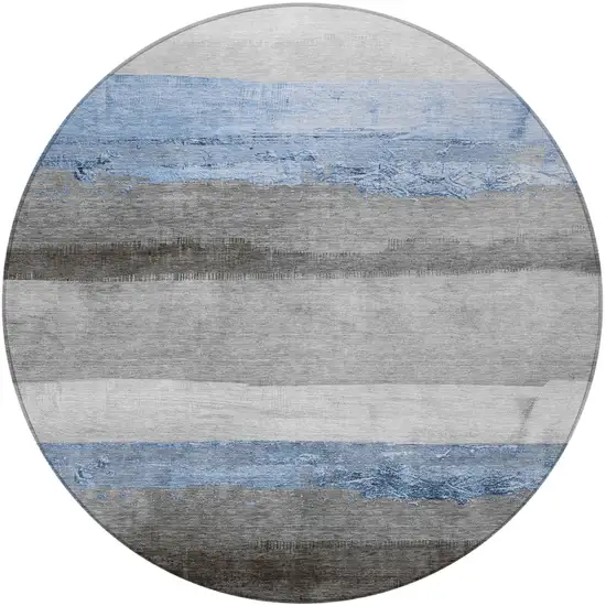8' Sky Blue And Gray Round Striped Washable Indoor Outdoor Area Rug Photo 3