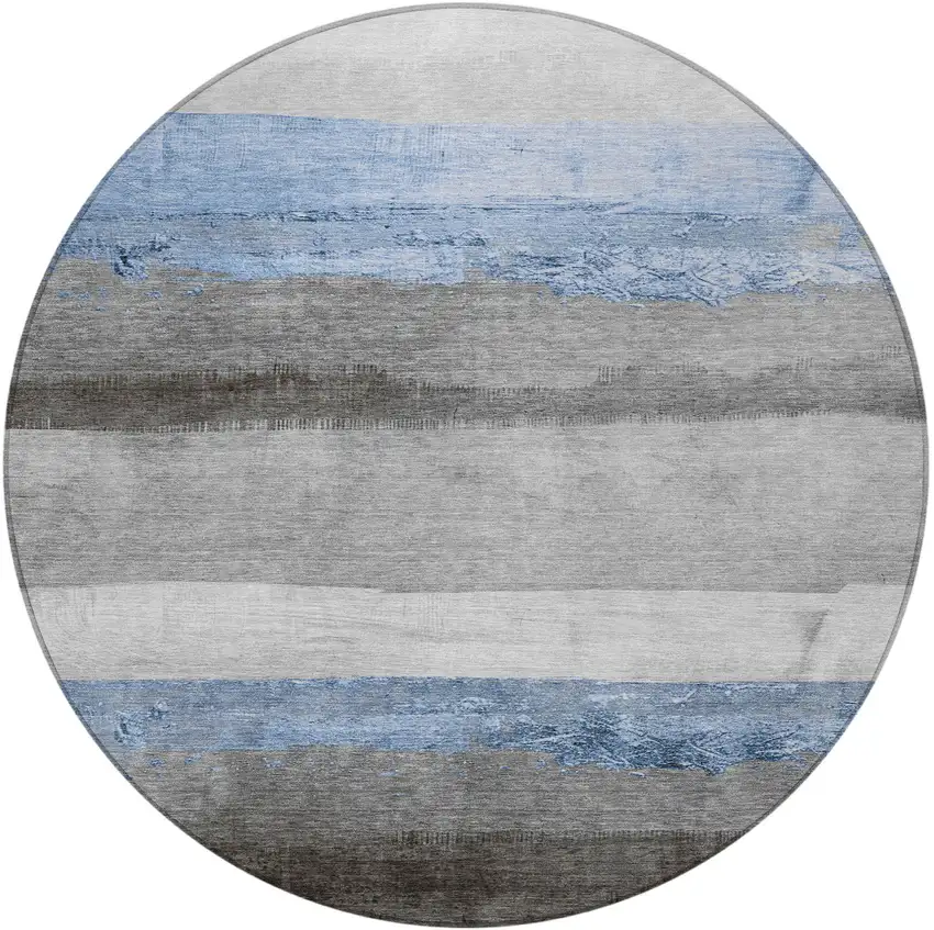 8' Sky Blue And Gray Round Striped Washable Indoor Outdoor Area Rug Photo 3
