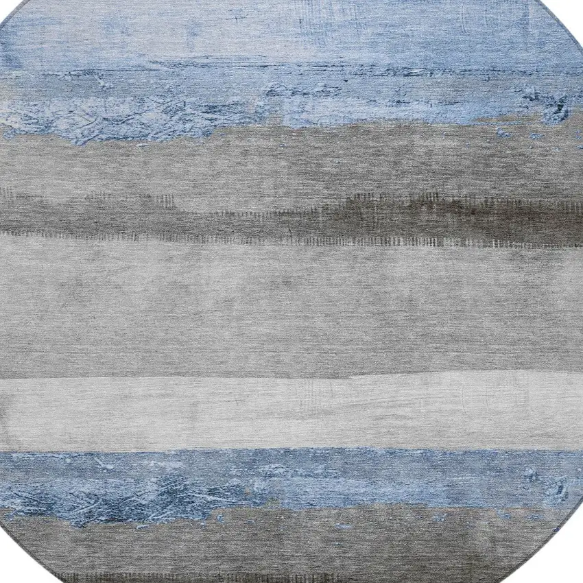 8' Sky Blue And Gray Round Striped Washable Indoor Outdoor Area Rug Photo 8