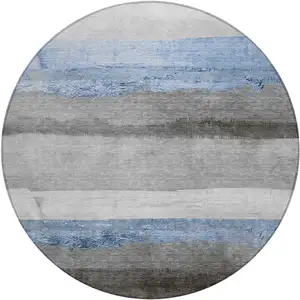 Photo of 8' Sky Blue And Gray Round Striped Washable Indoor Outdoor Area Rug
