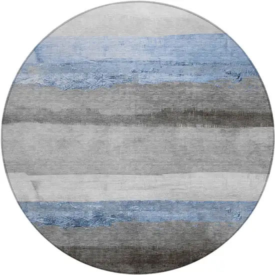 8' Sky Blue And Gray Round Striped Washable Indoor Outdoor Area Rug Photo 1
