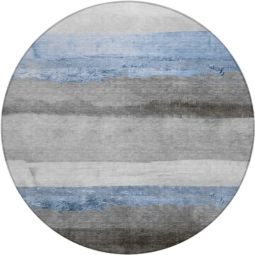 8' Sky Blue And Gray Round Striped Washable Indoor Outdoor Area Rug Photo 1