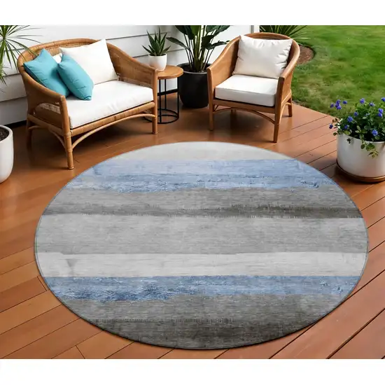 8' Sky Blue And Gray Round Striped Washable Indoor Outdoor Area Rug Photo 2