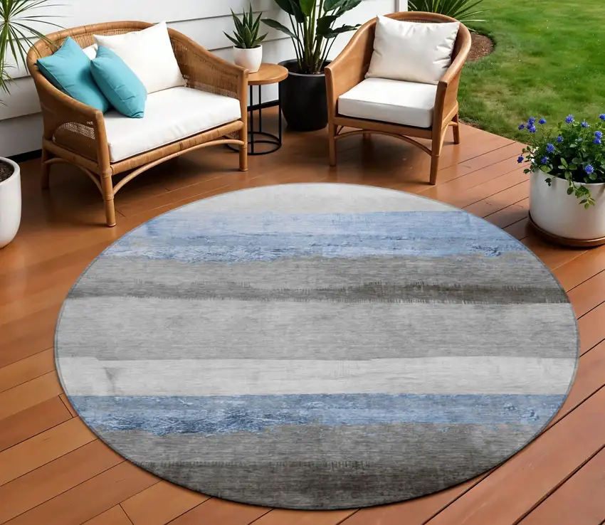 8' Sky Blue And Gray Round Striped Washable Indoor Outdoor Area Rug Photo 2