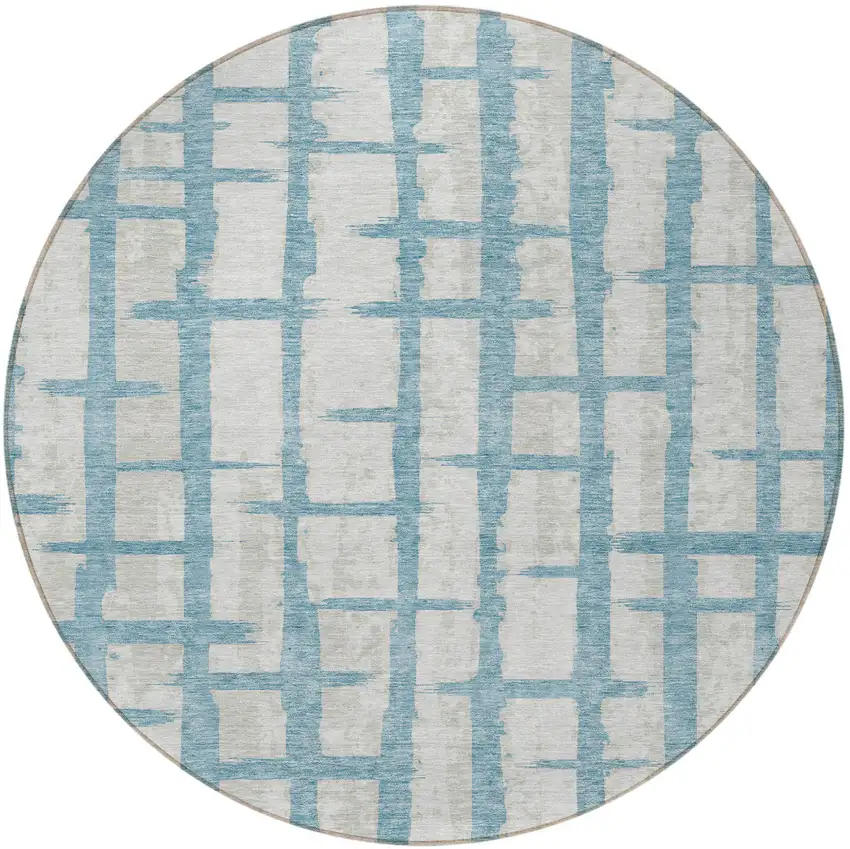 8' Sky Blue And Gray Round Striped Washable Indoor Outdoor Area Rug Photo 5