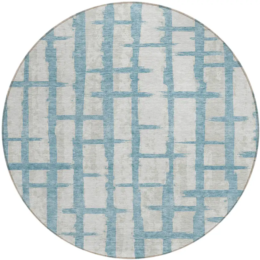 8' Sky Blue And Gray Round Striped Washable Indoor Outdoor Area Rug Photo 2