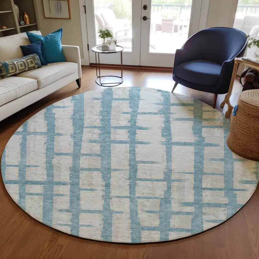 8' Sky Blue And Gray Round Striped Washable Indoor Outdoor Area Rug Photo 7