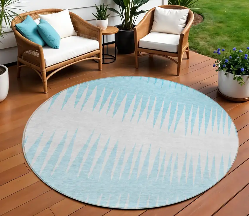 8' Sky Blue And Gray Round Striped Washable Indoor Outdoor Area Rug Photo 1