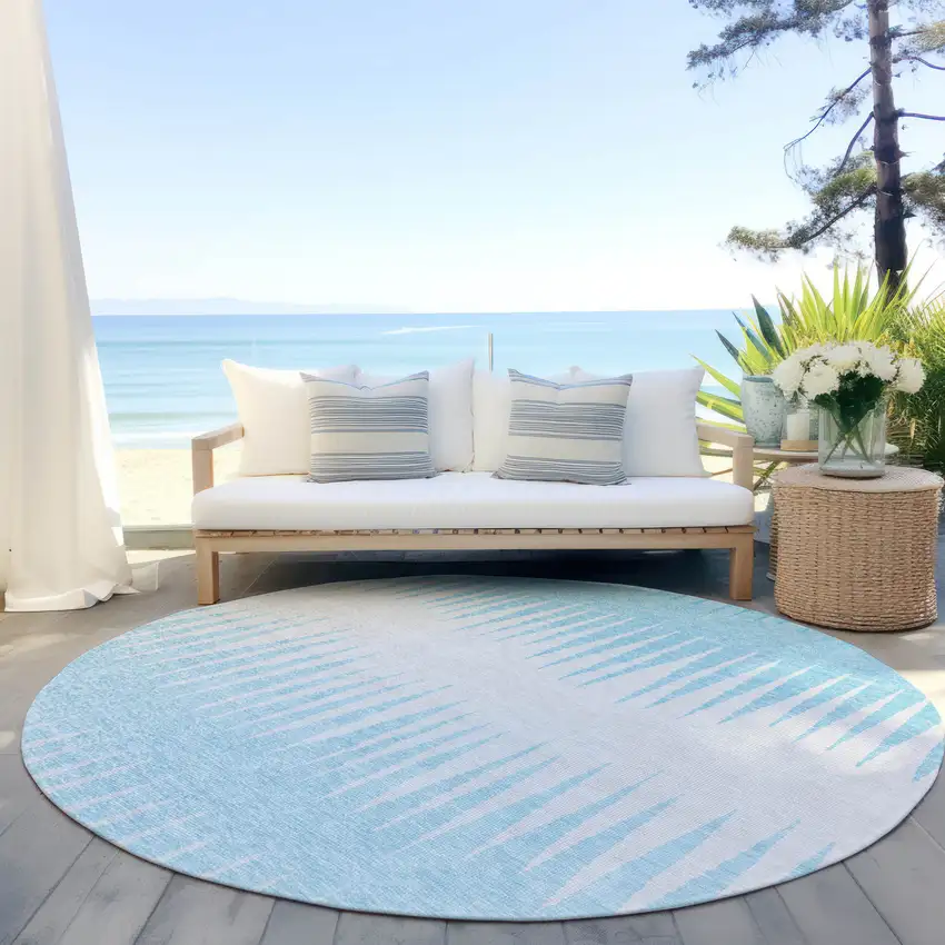 8' Sky Blue And Gray Round Striped Washable Indoor Outdoor Area Rug Photo 6