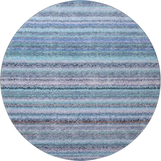 8' Sky Blue And Gray Striped Washable Round Rug With UV Protection Photo 4