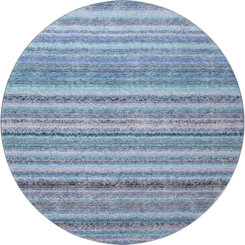 8' Sky Blue And Gray Striped Washable Round Rug With UV Protection Photo 4