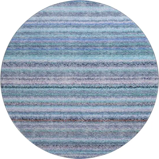 8' Sky Blue And Gray Striped Washable Round Rug With UV Protection Photo 1