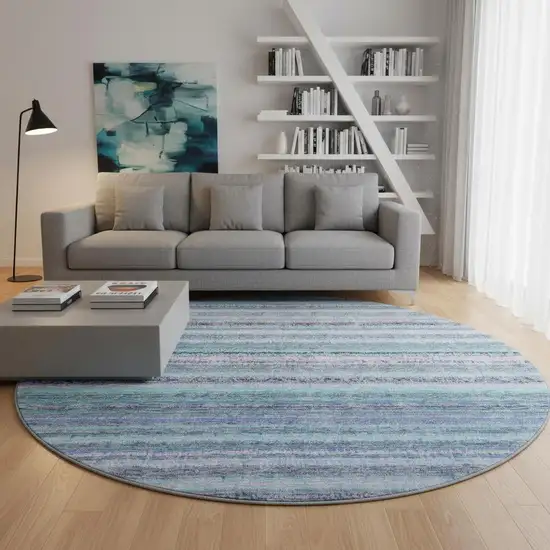 8' Sky Blue And Gray Striped Washable Round Rug With UV Protection Photo 2