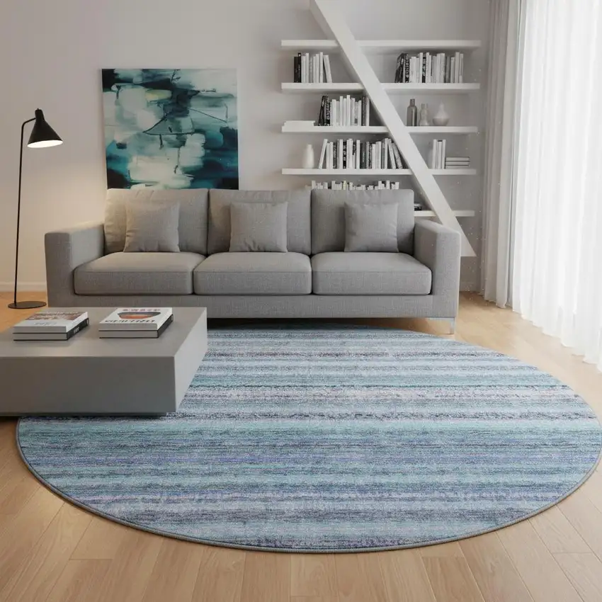 8' Sky Blue And Gray Striped Washable Round Rug With UV Protection Photo 2