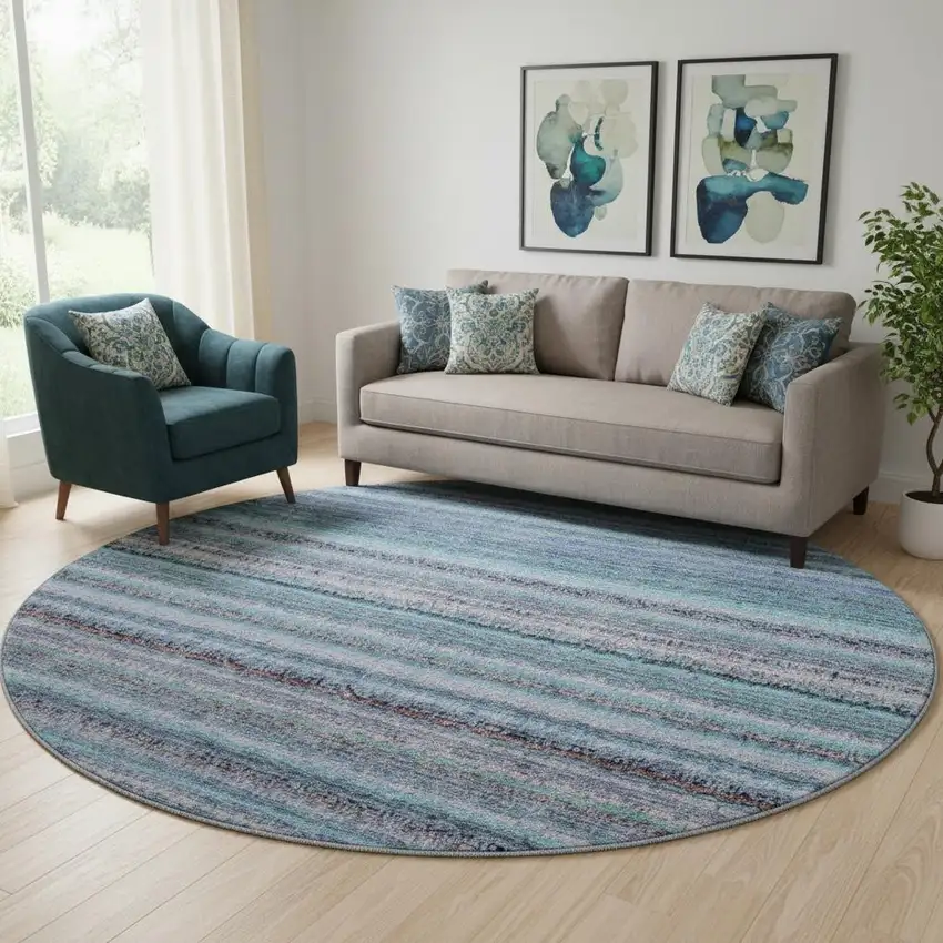 8' Sky Blue And Gray Striped Washable Round Rug With UV Protection Photo 1