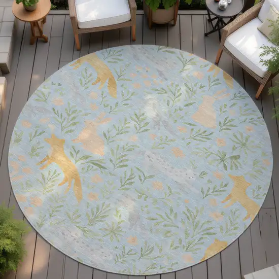 8' Sky Blue And Green Round Botanical Leaves Washable Indoor Outdoor Area Rug Photo 4