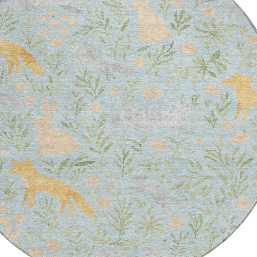 8' Sky Blue And Green Round Botanical Leaves Washable Indoor Outdoor Area Rug Photo 2
