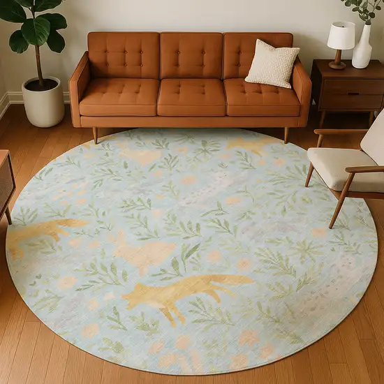 8' Sky Blue And Green Round Botanical Leaves Washable Indoor Outdoor Area Rug Photo 5