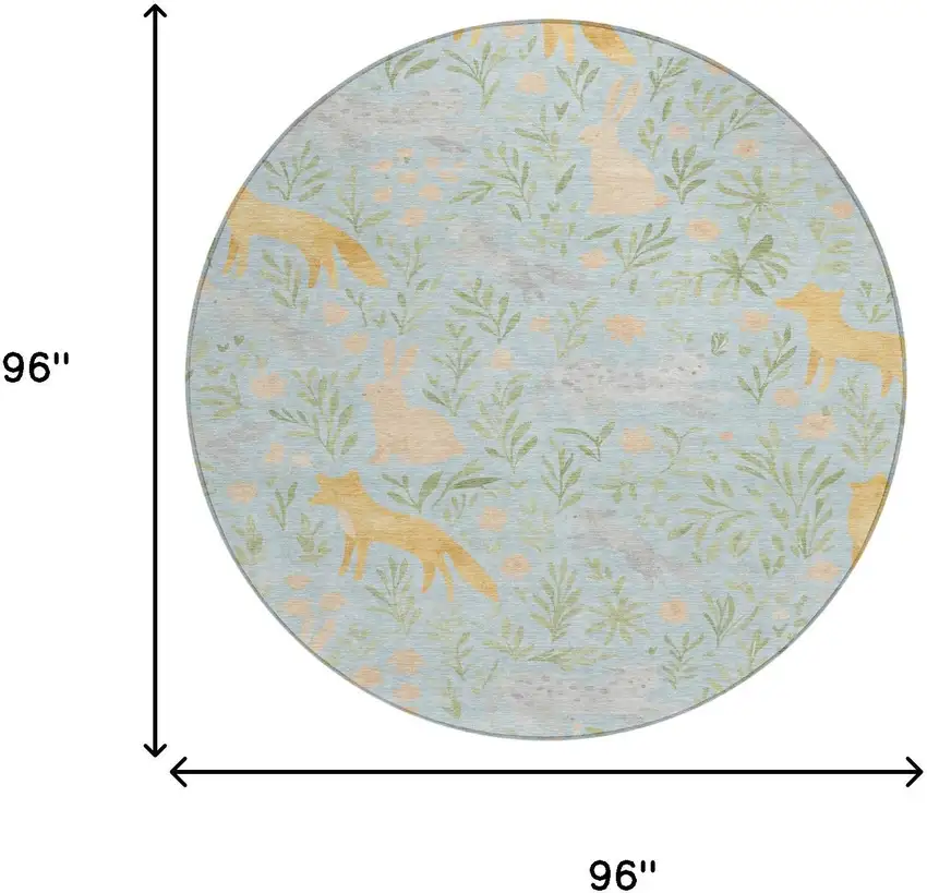 8' Sky Blue And Green Round Botanical Leaves Washable Indoor Outdoor Area Rug Photo 8