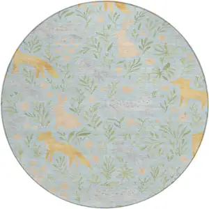 Photo of 8' Sky Blue And Green Round Botanical Leaves Washable Indoor Outdoor Area Rug