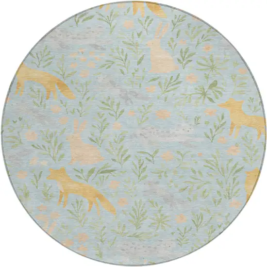 8' Sky Blue And Green Round Botanical Leaves Washable Indoor Outdoor Area Rug Photo 1
