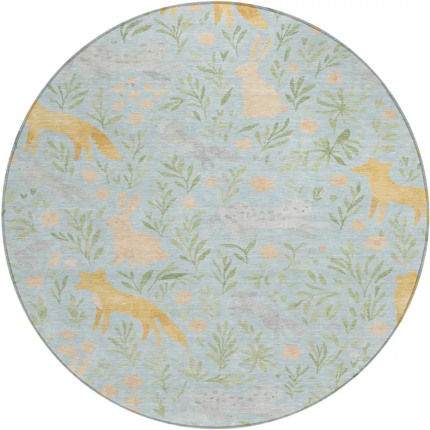 8' Sky Blue And Green Round Botanical Leaves Washable Indoor Outdoor Area Rug Photo 1
