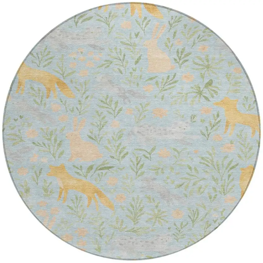 8' Sky Blue And Green Round Botanical Leaves Washable Indoor Outdoor Area Rug Photo 3