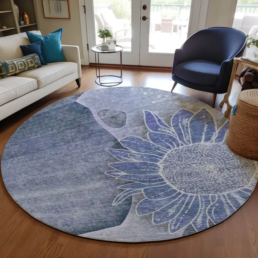 8' Sky Blue And Indigo Round Floral Washable Indoor Outdoor Area Rug Photo 8