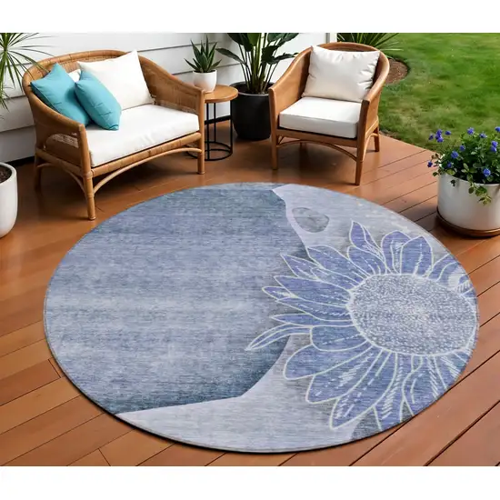 8' Sky Blue And Indigo Round Floral Washable Indoor Outdoor Area Rug Photo 1