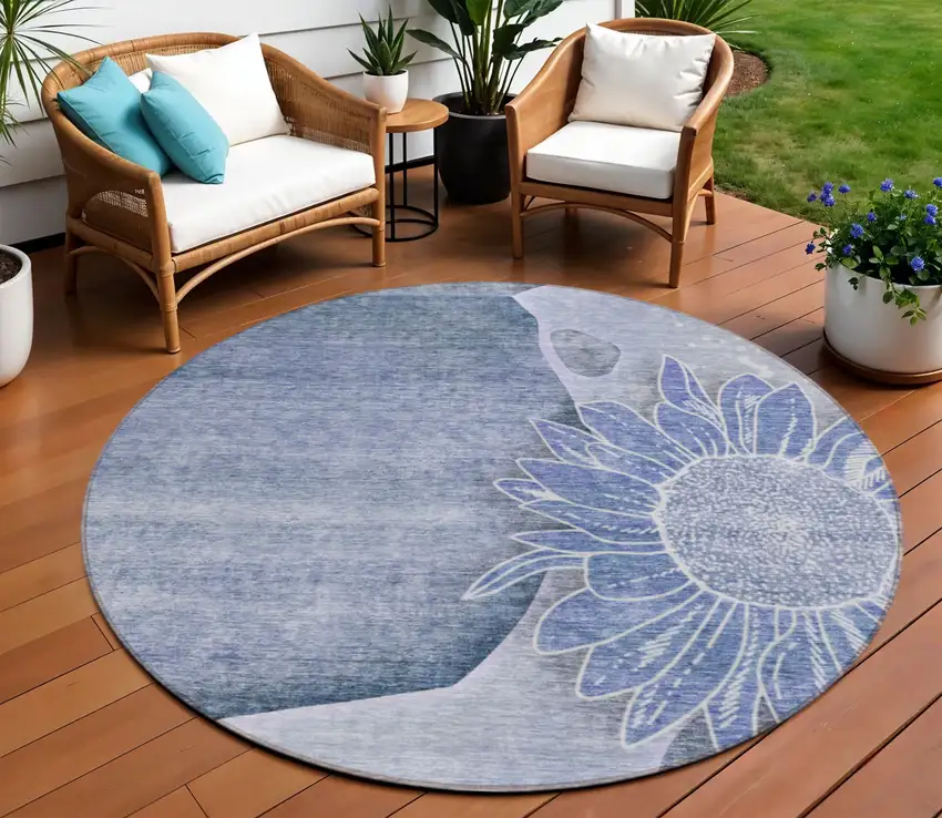 8' Sky Blue And Indigo Round Floral Washable Indoor Outdoor Area Rug Photo 1
