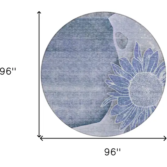8' Sky Blue And Indigo Round Floral Washable Indoor Outdoor Area Rug Photo 3