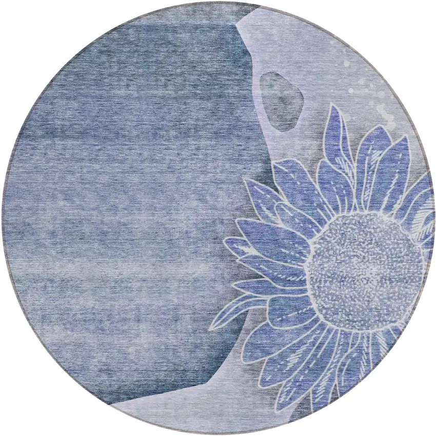 8' Sky Blue And Indigo Round Floral Washable Indoor Outdoor Area Rug Photo 2