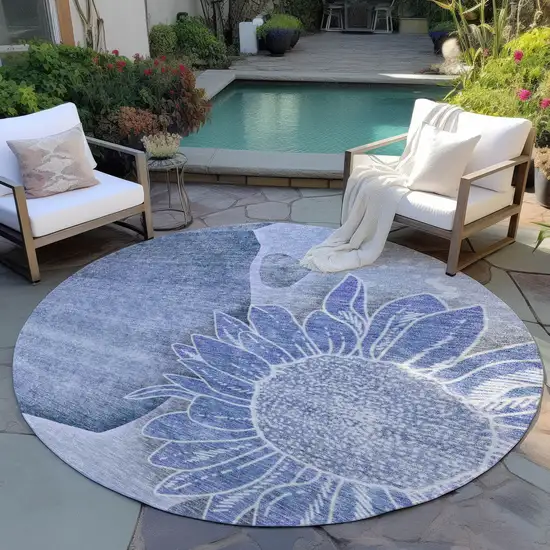 8' Sky Blue And Indigo Round Floral Washable Indoor Outdoor Area Rug Photo 7