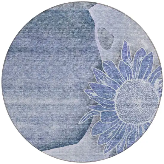 8' Sky Blue And Indigo Round Floral Washable Indoor Outdoor Area Rug Photo 6