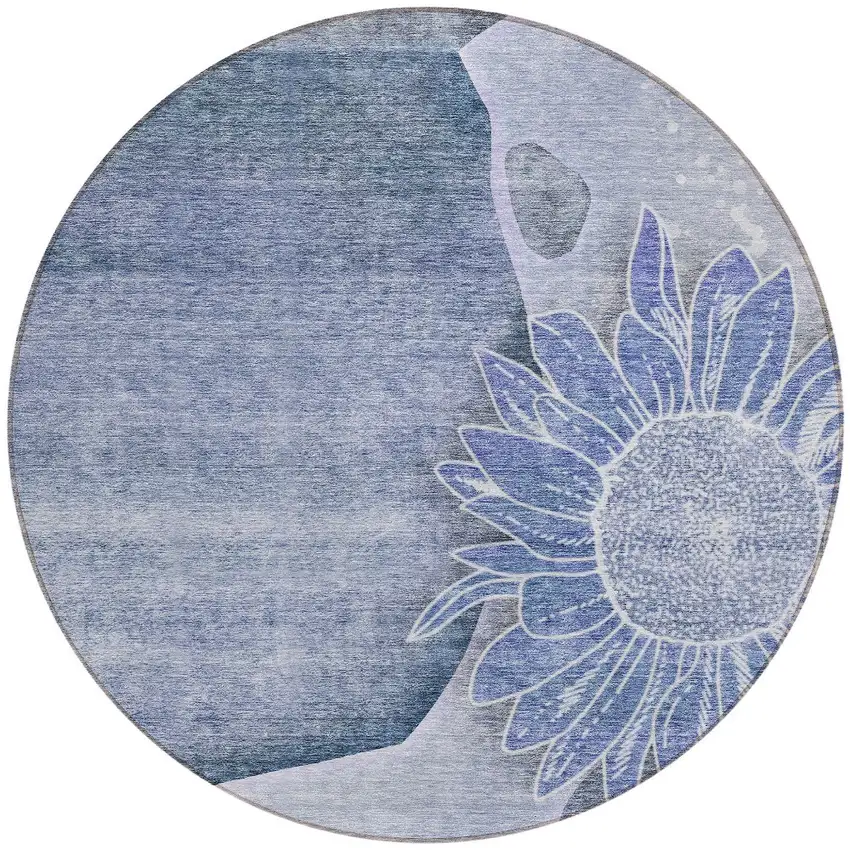 8' Sky Blue And Indigo Round Floral Washable Indoor Outdoor Area Rug Photo 6