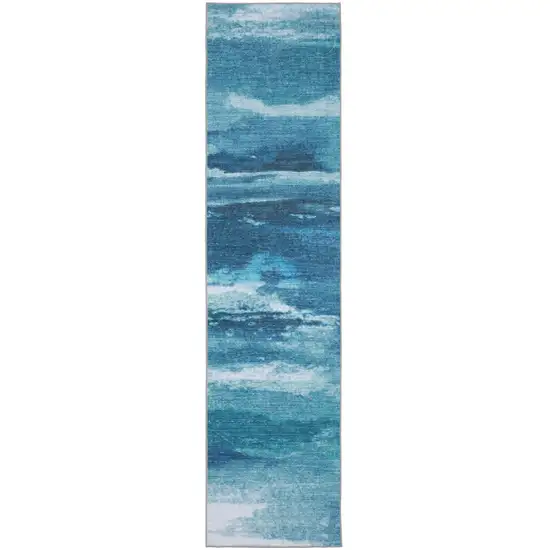 8' Sky Blue And Ivory Abstract Distressed Runner Rug Photo 5