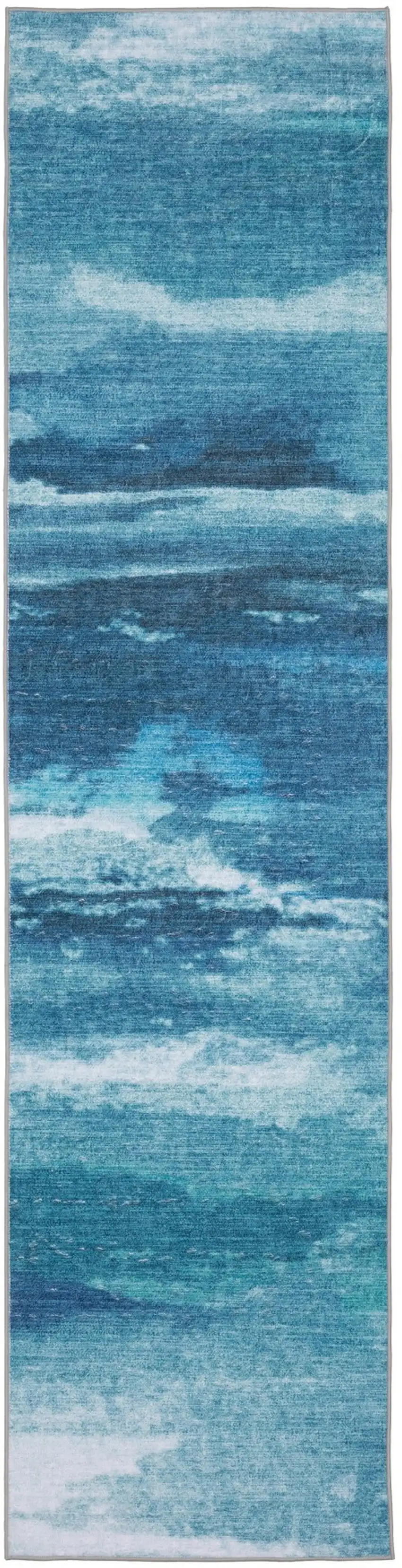 8' Sky Blue And Ivory Abstract Distressed Runner Rug Photo 5